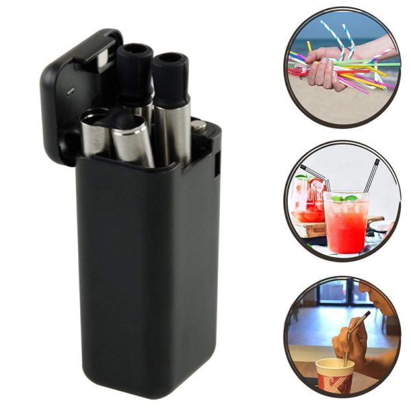 Black with Images Eco friendly Folding Drinking Straw Stainless Steel Collapsible Reusable