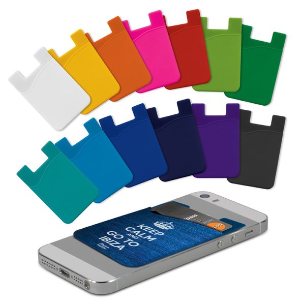 Silicone Phone Wallet. Inexpensive credit card holder. Sticks to the phone. Perfect for trade shows, marketing giveaways and logo promotional products. Promo Motive promotional products supplier.
