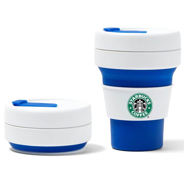 Blue and White silicone collapsible reusable travel cup