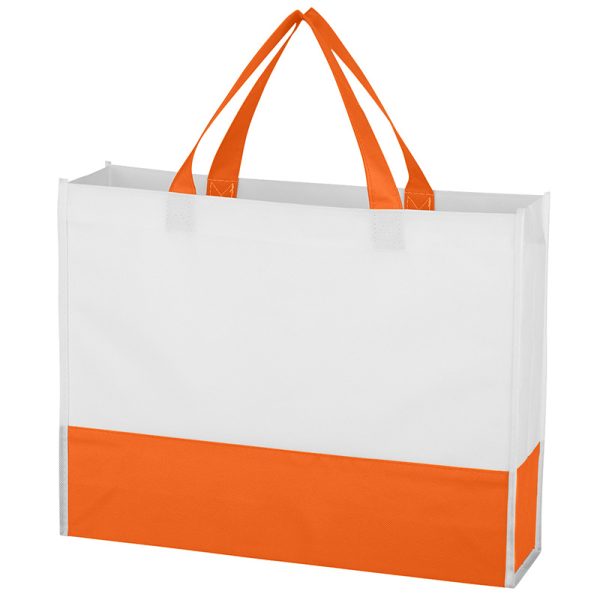 orange and white non woven shopping tote with gusset