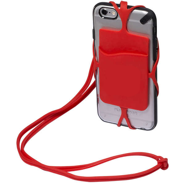 red strappy silicone phone wallet and lanyard
