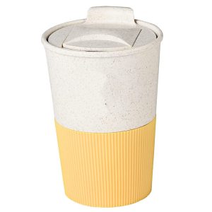 wheat straw cup with silicone sleeve and sliding lid yellow